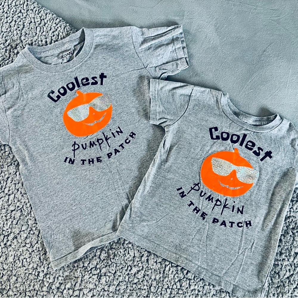 Handmade Halloween Fall Pumpkin Patch Kids Siblings Boys Girls Shirts set of 2